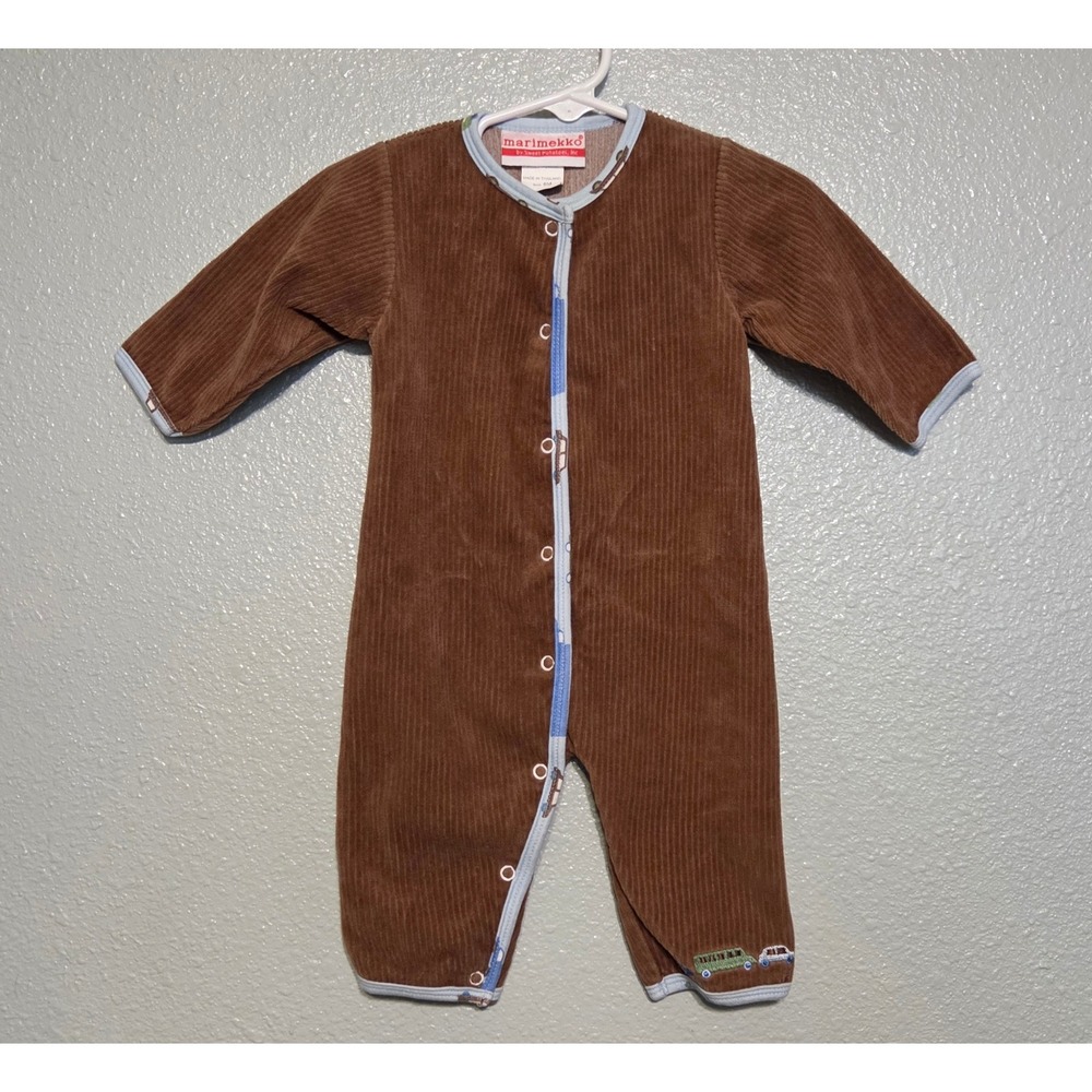 VTG Marimekko Sweet Potatoes Romper 6M Chocolate Corduroy Embroidered Car Piping